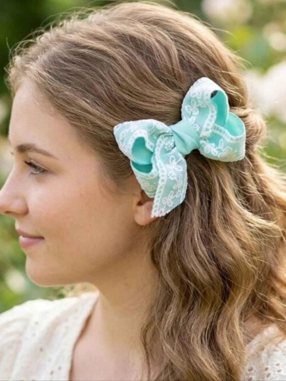 Handmade Turquoise Lace Bow Hair Clips for Girls Set Of 2🎀✨